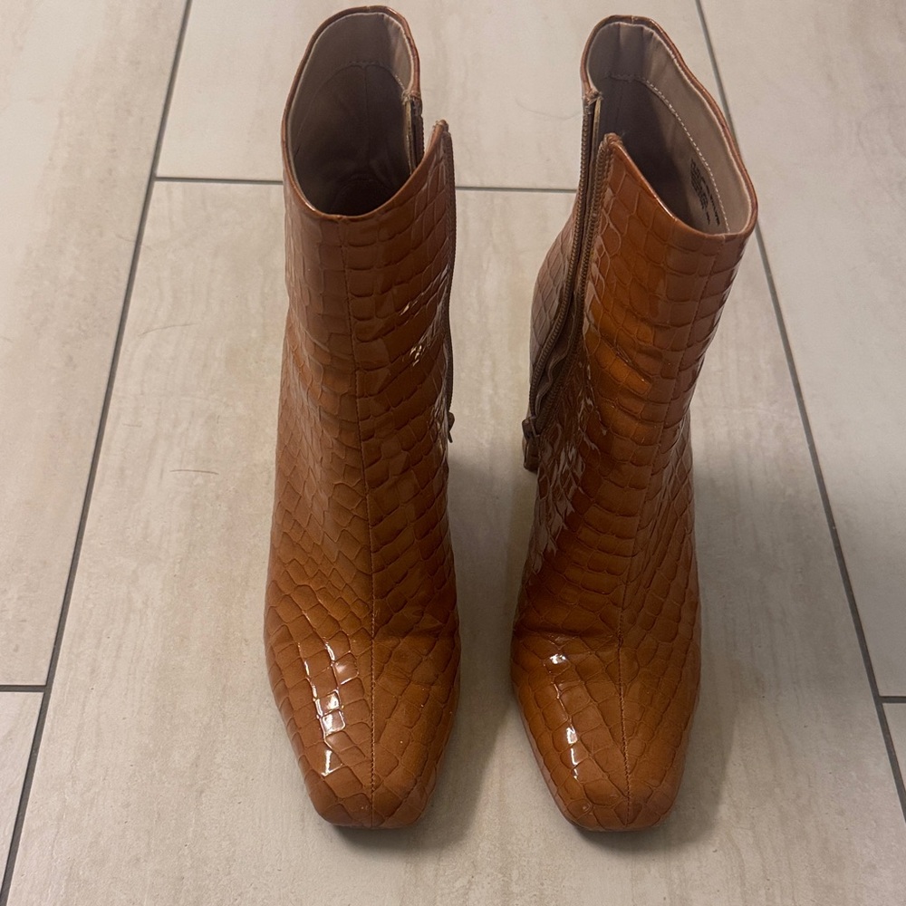 Katy Perry Collections Cognac Croc-Embossed Ankle Booties
